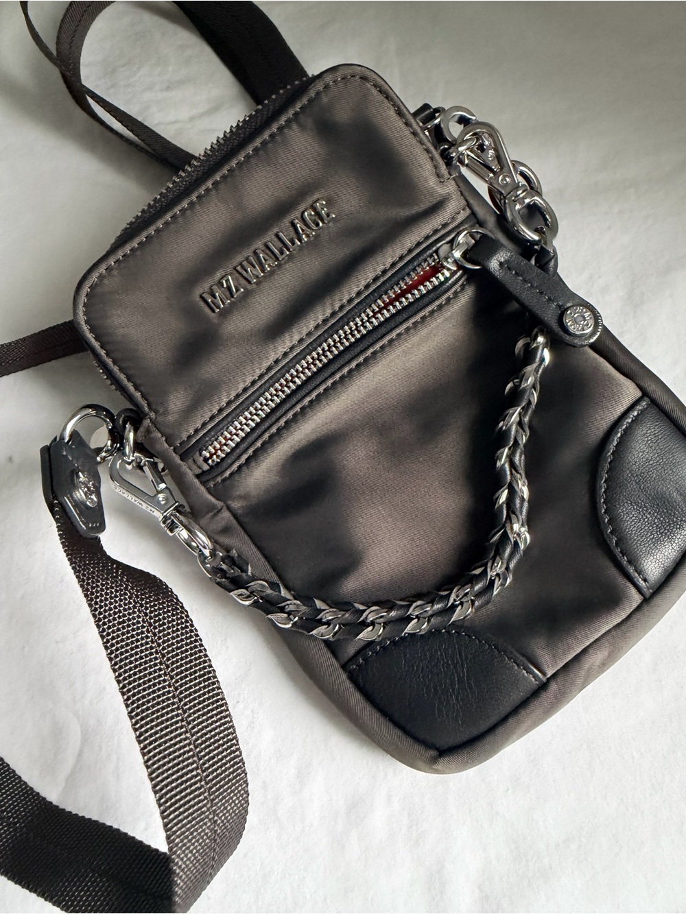 MZ Wallace Bowery Small Crossbody Gunmetal Nylon Chain Strap Bag